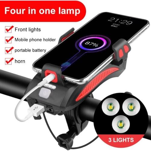 Multi-Function 4 in 1 Bicycle Light Flashlight Bike Horn Alarm Bell Phone Holder Power Bank Bike Accessories Cycling Front Light