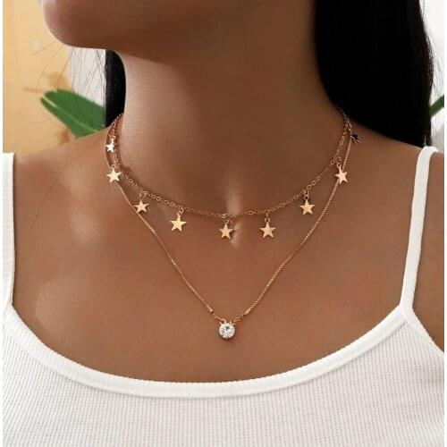 Fashion Five-pointed Star Sequin Pendant Necklaces For Women Female 2021 Vintage New MultiLevel Gold Crystal Chain Jewelry Gift
