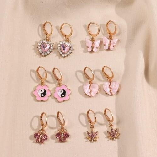 Flatfoosie Fashion Pink Acrylic Butterfly Heart Drop Earrings Set for Women Shiny Maple Leaf Crystal Dangle Earring 2021 Jewelry