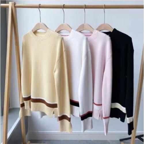 2021 Autumn Winter Womens Long Sleeve Cashmere Pullover Color Patchwork O-Neck Sweater Runway Pullover