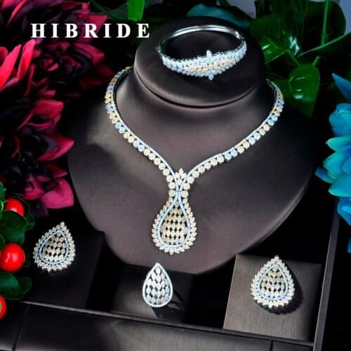 HIBRIDE Luxury New 4 PCS Full Micro Cubic Zirconia Women Wedding Dress Choker Necklace Earring Jewelry Set For Wedding N-861