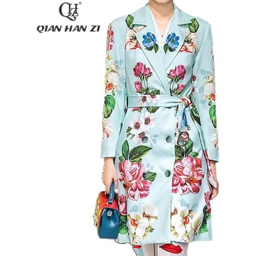 Qian Han Zi 2021 new designer fashion print jacket Womens Long Sleeve Double Breasted Belt Slim Trench Coat