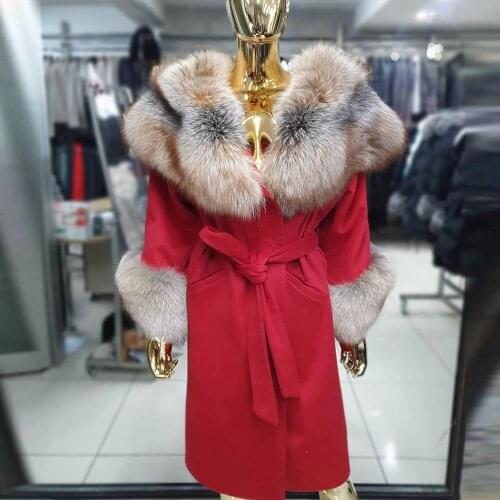2021 Real Wool Long Coat Natural Fox Fur Collar Red Overcoat Women High Quality Luxury Warm Temperament Plus Size Winter Coats