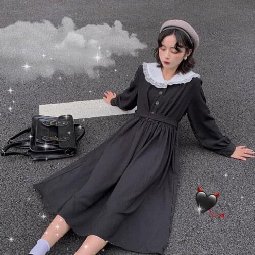 Women Dress Dark Fashion Preppy Style Long Sleeve Lolita Dresses Japanese Sweet Peter Pan Collar Long Ladies Elegant Dresses
