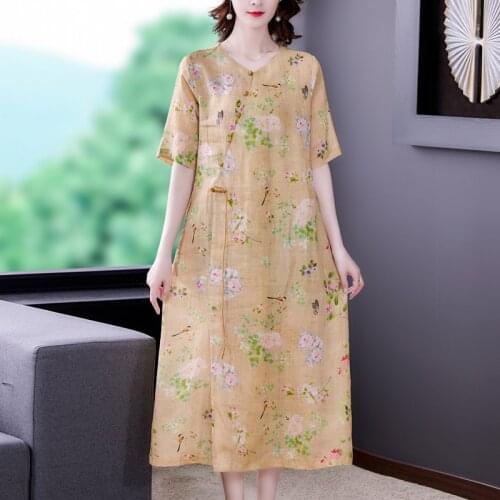 2021 Vintage Chinese Style Floral Maxi Dress Summer Casual 5XL Plus Size Ramie Midi Dress Women Bodycon Elegant Party Vestidos