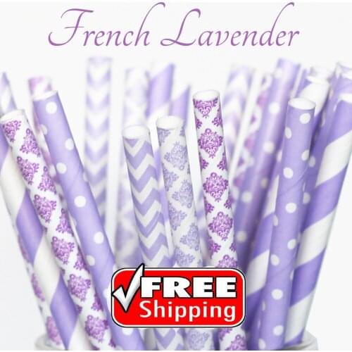250pcs Mix 5 Designs FRENCH LAVENDER Themed Paper Straws-Lilac,Purple-Stripe,Dot,Chevron,Damask-Decorative Wedding Party Vintage