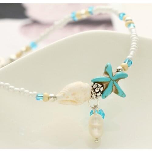 Bohemian Conch Starfish Pendant Rice Bead Anklet 2021 Summer Beach Foot Jewelry Fashion Style Anklets for Women