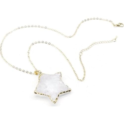 5 Pcs Light Yellow Gold Color Irregular Shape Lucky Star Rock Crystal Pendant Link Chain Necklace Classic Style Jewelry