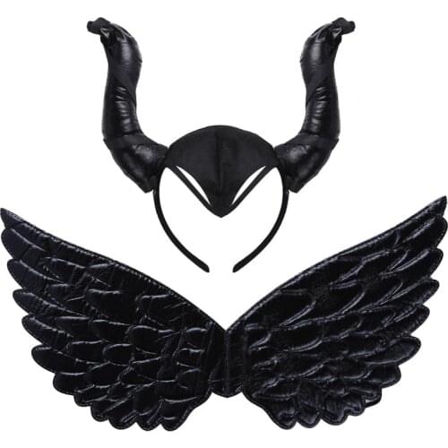 Children Kids Black Fairy Devil Wing Ox Horn Headband Halloween Witch Evil Queen Hair Hoop Performance Cosplay Props