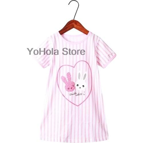 Children Pajamas Summer Pink Stripe Dresses Girls Baby Nightdress Cotton Nightgowns Home Clothes Inflant Kid Cartoon Rabbit