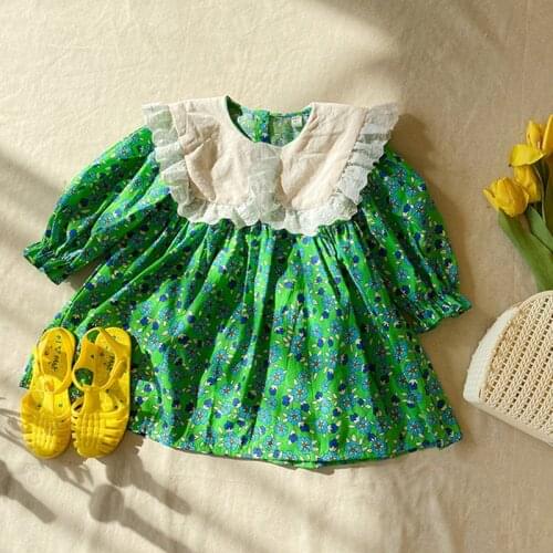 2021 Spring Autumn Kids Clothes Girls Floral Print Princess Dress Lace Collar Cotton Long Sleeve Dress Children Dresses Vestidos