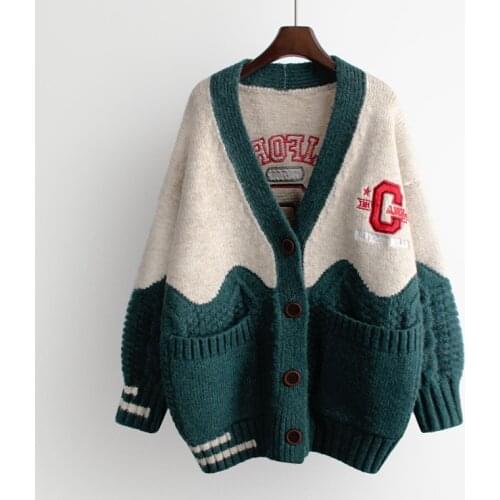 Korean Fashion Women Oversized Cardigans V Neck Letters Embroidery Casual Patchwork Loose Jumpers Thick Warm Knit Jacket Coat