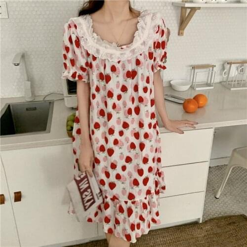 Strawberry Print Summer Nightgown Women Square Collar Short Sleeve Cotton Sleepwear Kawaii Sweet Home Clothes Comfortable Lace