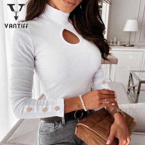 Fashion Bodycon Female Tops Sleeve Button High-necked Hollow Top Women Streetwear Sexy Slim Chest Hollow Patterned Top for Girl