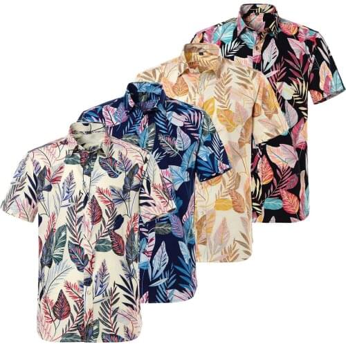 Mens Hawaiian Shirt Summer 100% Pure Cotton Printed Short Sleeve Vintage Clothes Floral Patterns Beach Vacation Shirts K085