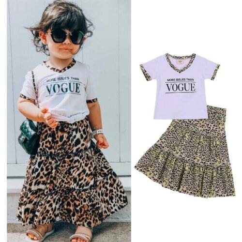 1-6Y Fashion Girls Summer Clothes Sets Kids 2pcs Outfit Letter Printed Short Sleeve T Shirts Tops Leopard Ruffle Skirt