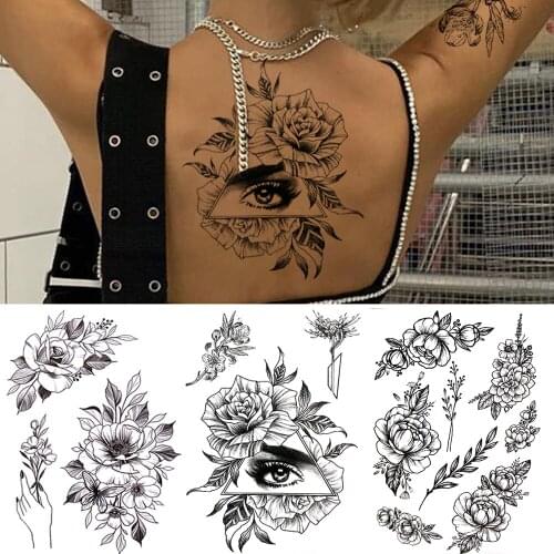 Realistic Triangle Eye Temporary Tattoos For Women Girls Adult Rose Dahlia Fake Flower Tattoo Sticker Back Arm Washable Tatoo
