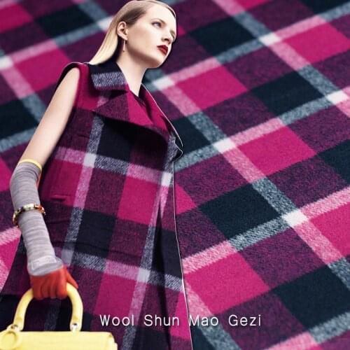 White waxberry 600g/m British plaid wool 150cm smooth wool fabric Rose red and black plaid big suit custom fabric free shipping