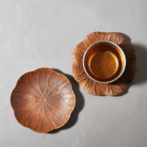Old Style Red Copper Lotus Leaf Design Teacup Tray Anti-hot Round Cup Tray For Home Office Hotel Teahouse Tea Accessories