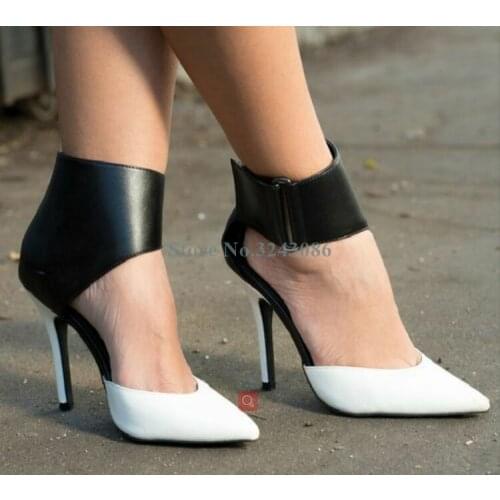 Pointed Toe Black White Match Colors Stiletto Heel Shoes Leather Ankle Strap Back Zipper Thin High Heel Pumps Basic Shallow Shoe
