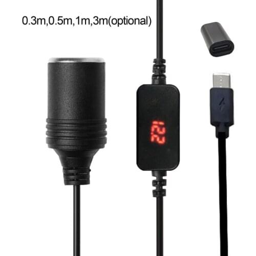 USB C PD Female Type C Male to 12V Car Socket Power Supply Cable with Output Voltage Display for 12V Car LED Light Driving T3EF
