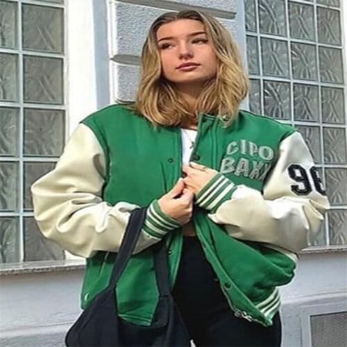 Retro high street green vintage baseball uniform female y2k jacket winter casual jacket female winter Kawaii Womens sweatshirt