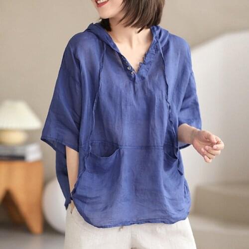 Johnature Women Ramie Hooded T-shirt O-Neck Short Sleeve Button Casual Tees 2021 Summer New Pocket Solid Color Vintage T-Shirts