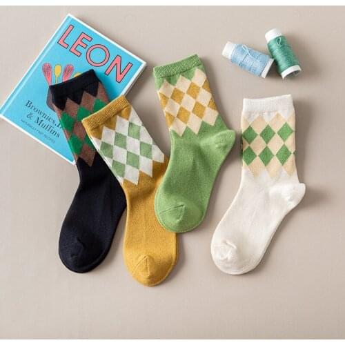 Women Socks Fashion Lattice Cotton Preppy Style Happy Casual Deodorant Socks Female Socks Plaid Socks Middle Tube Girls Socks