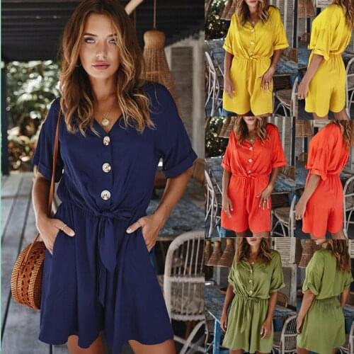Womens Sexy Summer Loose Plusysuits Romper Women Causal Beach Playsuits Romper Button Bow Beach Short Jumpsuit Romper