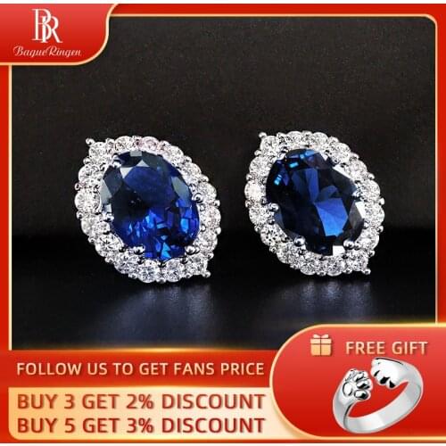 Bague Ringen Geometry Silver 925 Jewelry Gemstones Oval Sapphire Earrings for Women AAA Zircon Female Ear Studs Anniversary Gift