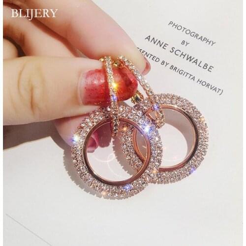 BLIJERY Trendy Statement Earrings Gold Gold Color Crystal Circles Hoop Earrings Wedding Party Rhinestones Earrings for Women
