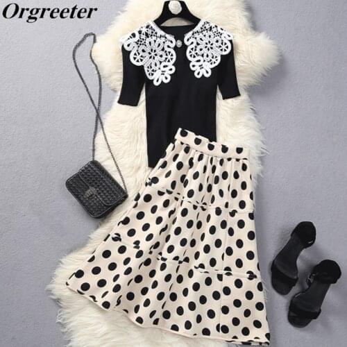 Polka dot Suits Female 2021 Summer Runway New Diamond Lace Peter Pan collar Knitted Tops and Ball Gown Skirt Two-piece Sets