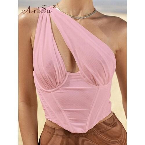 ArtSu 2020 Spring Fashion Patchwork One Shoulder Polka Dot Mesh White Club Party Crop Top Sexy Streetwear Women Summer Tank Tops