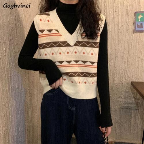 Sweater Vests Womens Fashion Knitwear V-Neck Retro Printed All-match Korean Style Harajuku Female Sleeveless Elegant Lady Casual