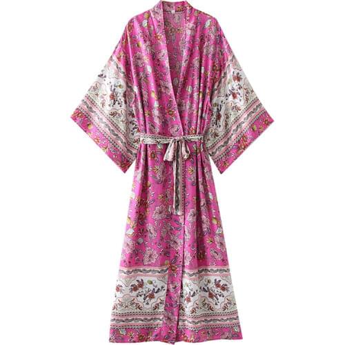 New Floral Print Maxi Hippie Wrap Dress Casual Batwing Sleeve Rayon Cotton Robes Bohemian Style Sashes Long Dress