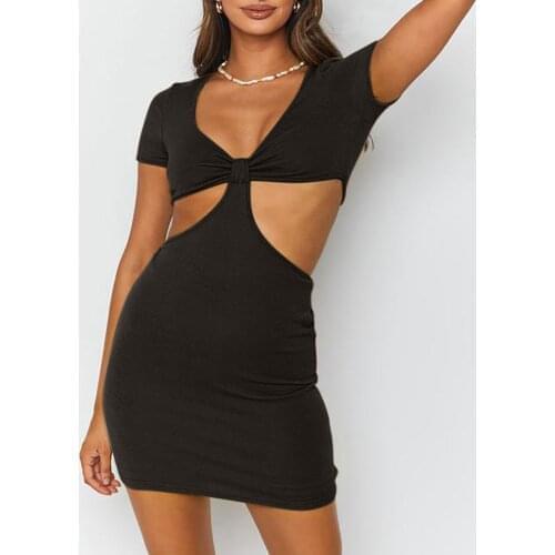 Womens Solid Color Hollow Out Casual Fashion Tight Short Sleeve Dress