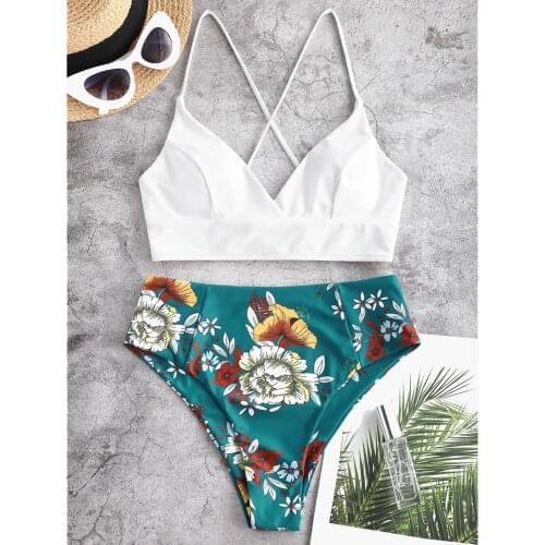 2pcs Women Swimsuits Bikini Set Push-Up Padded Top High Waist Flower Print Split Plus Size Thong Swimwear Sexy Beachwear 2021