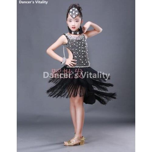 2017 Children Latin Diamonds Tassel Dancing Skirt Childs Rumba Latin Competition Dance Dresses Latin Costumes For Girls