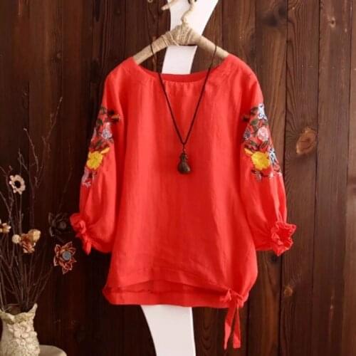 Blouse Women Plus size Puff Sleeve Top 100% Cotton Blouse Embroidery Loose Ladies Casual Tops Clothes Summer Short sleeve