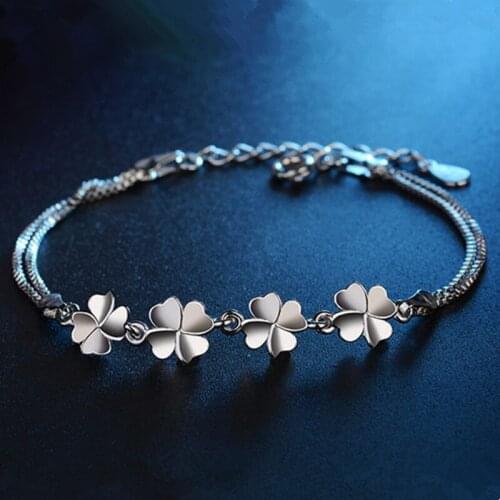 Womens Girls Classic Fresh Cute Four Leaf Clover Double Box Chain Bracelet Fashion Jewelry Gifts BL0335
