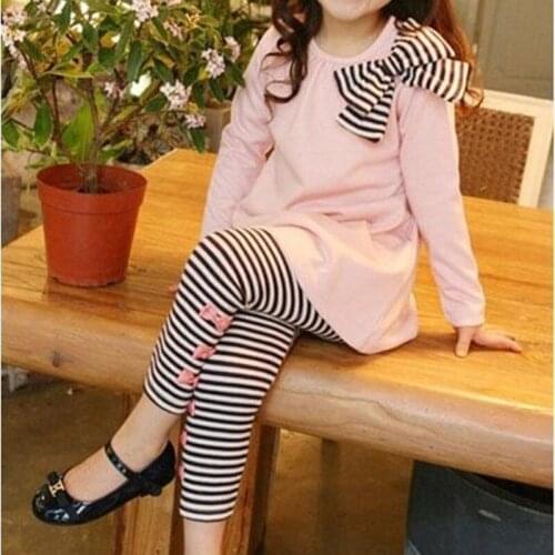 Kids Girls Sets Clothes Spring/autumn Children Suits Clothing With Bow Top + Striped Leggings Suit Baby Girls Fashion pants
