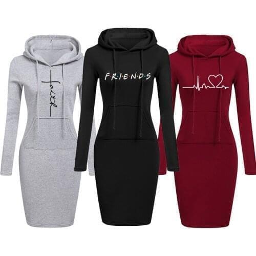Long Hoodies Friends Print Hooded Elegant Women Fashion Sweatshirt Dress with Pocket Women Clothing Spring Autumn Casual Wear
