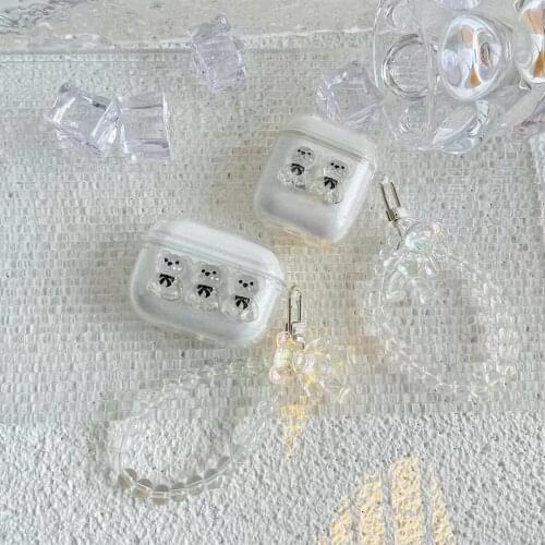 For Airpods 1 2 For AirPods Pro Soft TPU Cover Glitter transparent bear with bracelet 3D Unique Design Skin Kits