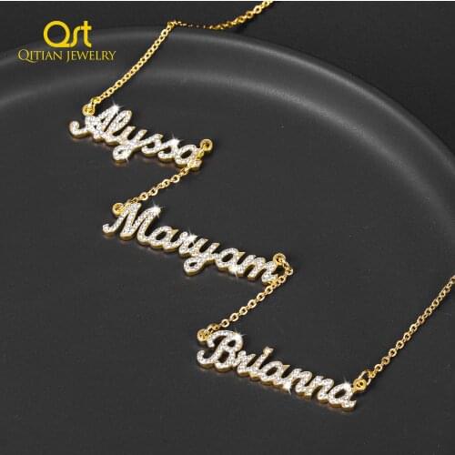 Custom Three Names Iced Out Necklace Personalized BlingBling Stainless Steel Name Nameplate Charm Necklace Gift For Women Jewelr