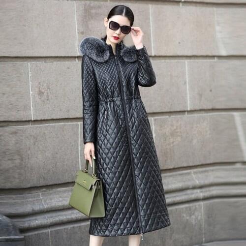 Leather Jacket Women Sheepskin Genuine Leather Jacket Women Real Fox Fur Collar Hooded Duck Down Winter Coat Women AKF235A YY889