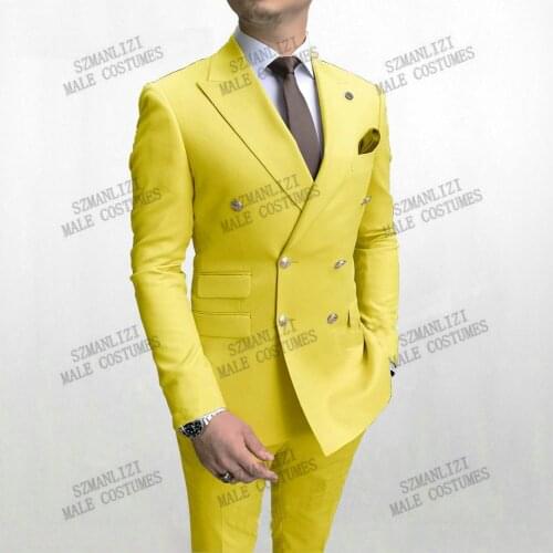 Handsome Yellow Double Breasted Business Suits Men Wedding Suits Gold Buttons Peak Lapel Custome Homme Terno Slim Fit Masculino
