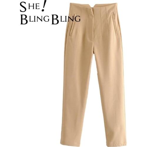 SheBlingBling 2021 Za Summer Thin Style Women Trousers Casual Straight Career Chic Office Lady Suit Pants Female Beige Bottoms