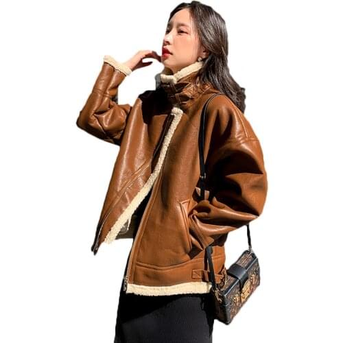 Fashion PU Leather Jackets Coat Women 2020 New Autumn Winter Lambswool Coats Motorcycle Clothing Fur Particle Velvet Coat B719