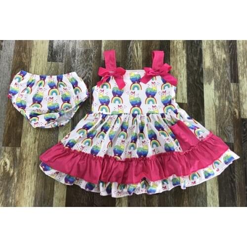 Newest Kids Clothes Fashion Baby girl briefs rainbow alpaca floral lace top bow tie set