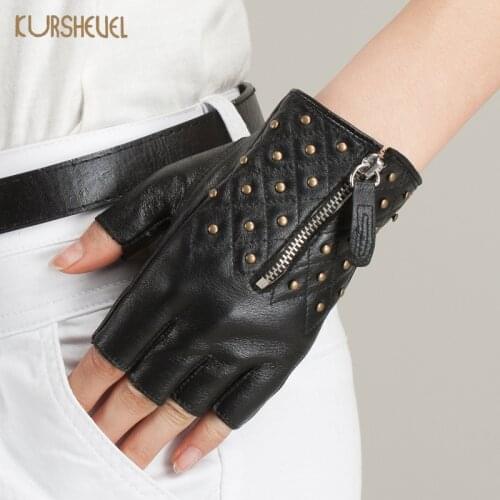 Fashion Design Women Rivet Zipper Genuine Leather Gloves Half Finger Sheepskin Gloves Ladies Summer Autumn Driving Gloves AGD527